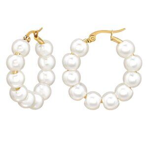 Stainless Steel Gold Pearl Hoop Earrings 30mm